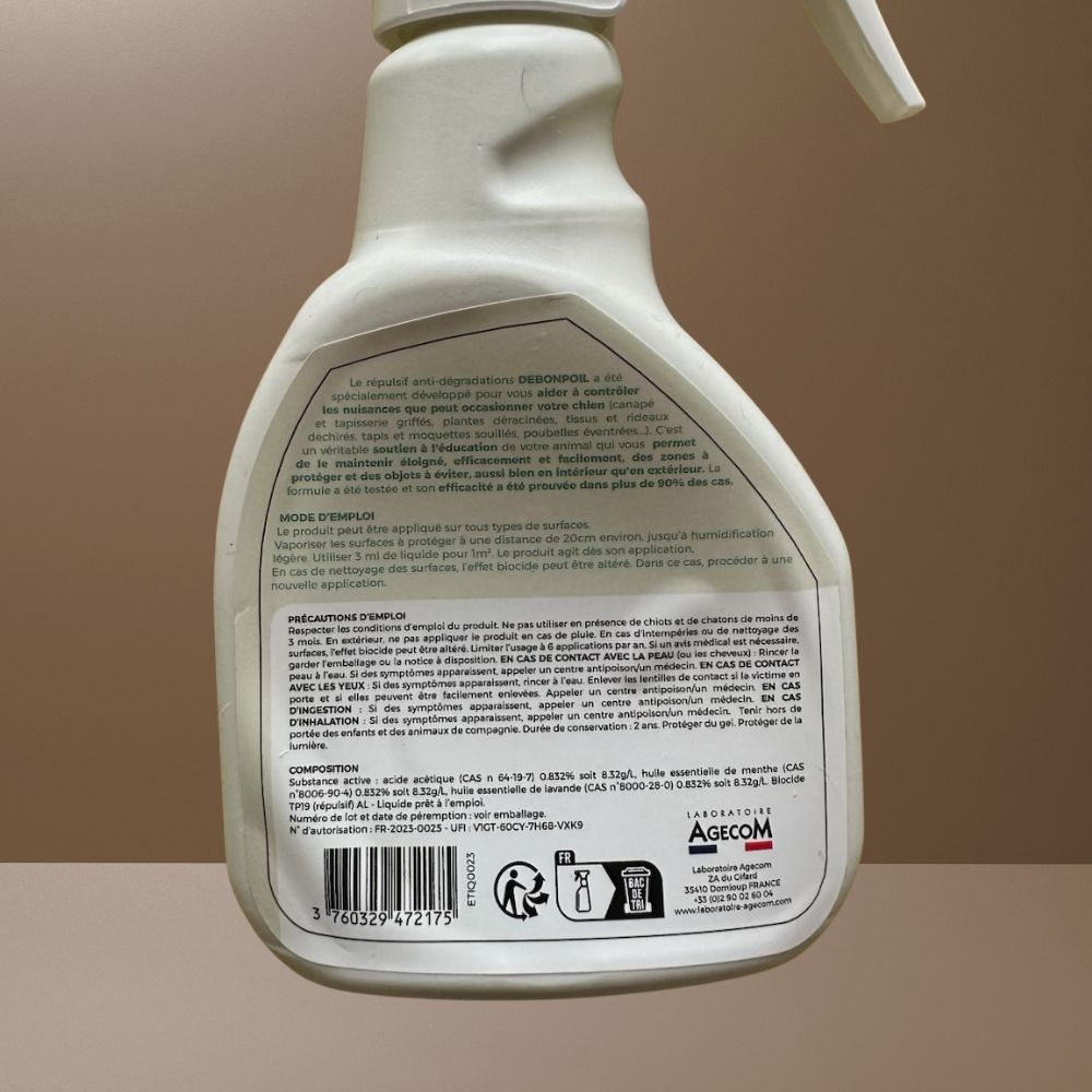 Repulsif pour chien naturel - Spray intérieur et extérieur