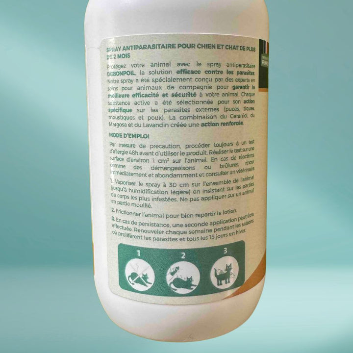 Produit anti puce naturel chien et chat : Spray antipuces DeBonPoil 100 ml